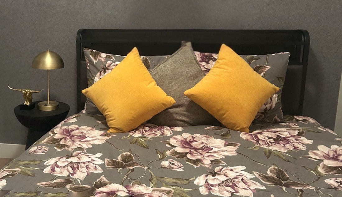 Floralbedding Acousticwallpaper Feltwallcovering Purpleandyellowbedroom Burlington