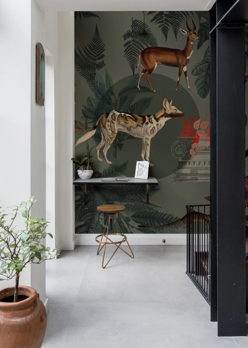Hallway Wallpaper Forest Animals Green