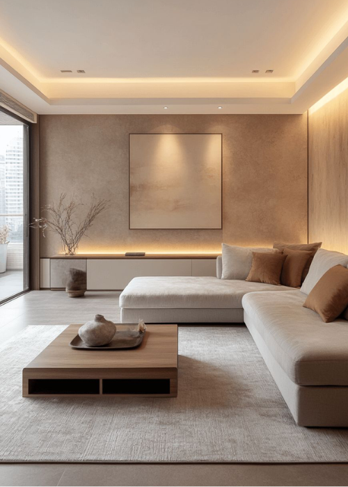 Minimalist Living Room Plaster Texture Wallpaper Cove Lighting