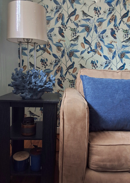 Calming Blue Bird Wallpaper Living Room With Navy Accent Pillow