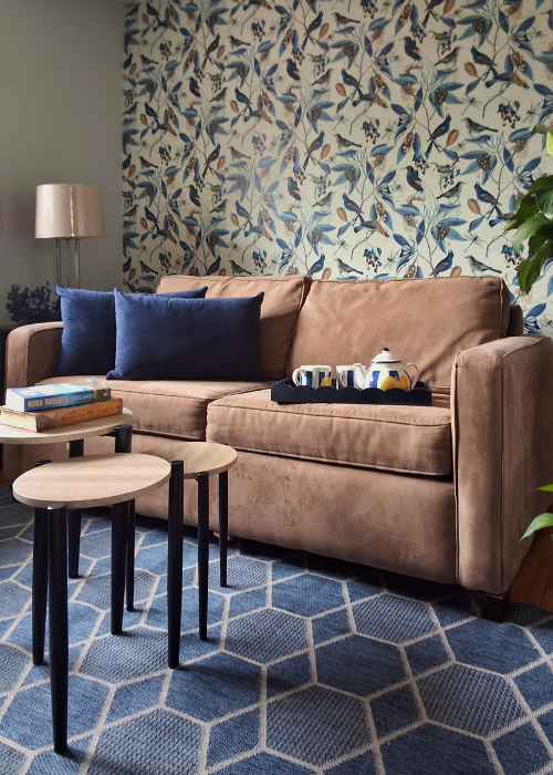 Calming Blue Bird Wallpaper Living Room With Navy Accents