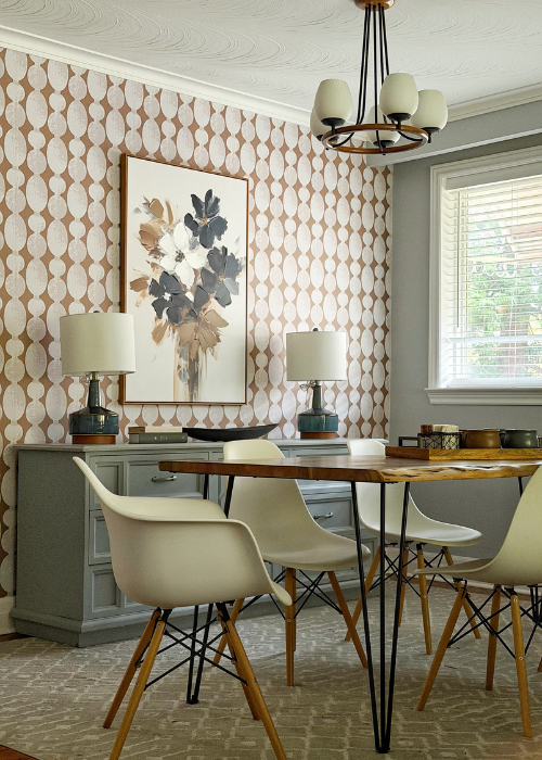 Dining Room With Bold Geometric Peel And Stick Wallpaper Floral Artwork Otto Studio.jpg