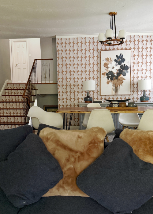 Dining Room With Bold Geometric Wallpaper Floral Artwork Wallpaper On Stair Risers Peel And Stick Wallpaper Otto Studio.jpg