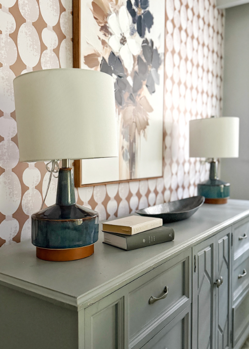 Floral Art With Bold Geometric Wallpaper Blue Lamps Console Styling Dining Room Otto Studio Wallpaper.jpg