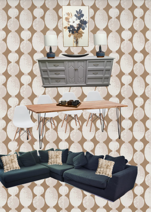 Otto Studio India's Knit Mood Board Living Room Navy Sofa Live Edge Dining Room Table