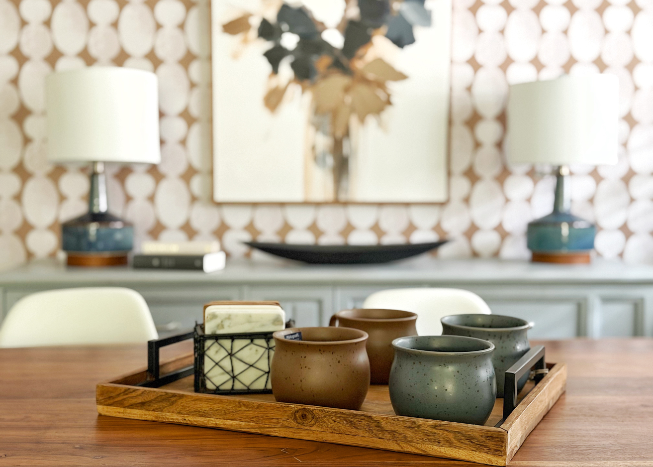 Dining Room Table Styling Wood Tray With Coasters Bold Geometric Peel And Stick Wallpaper Floral Artwork Otto Studio.jpg
