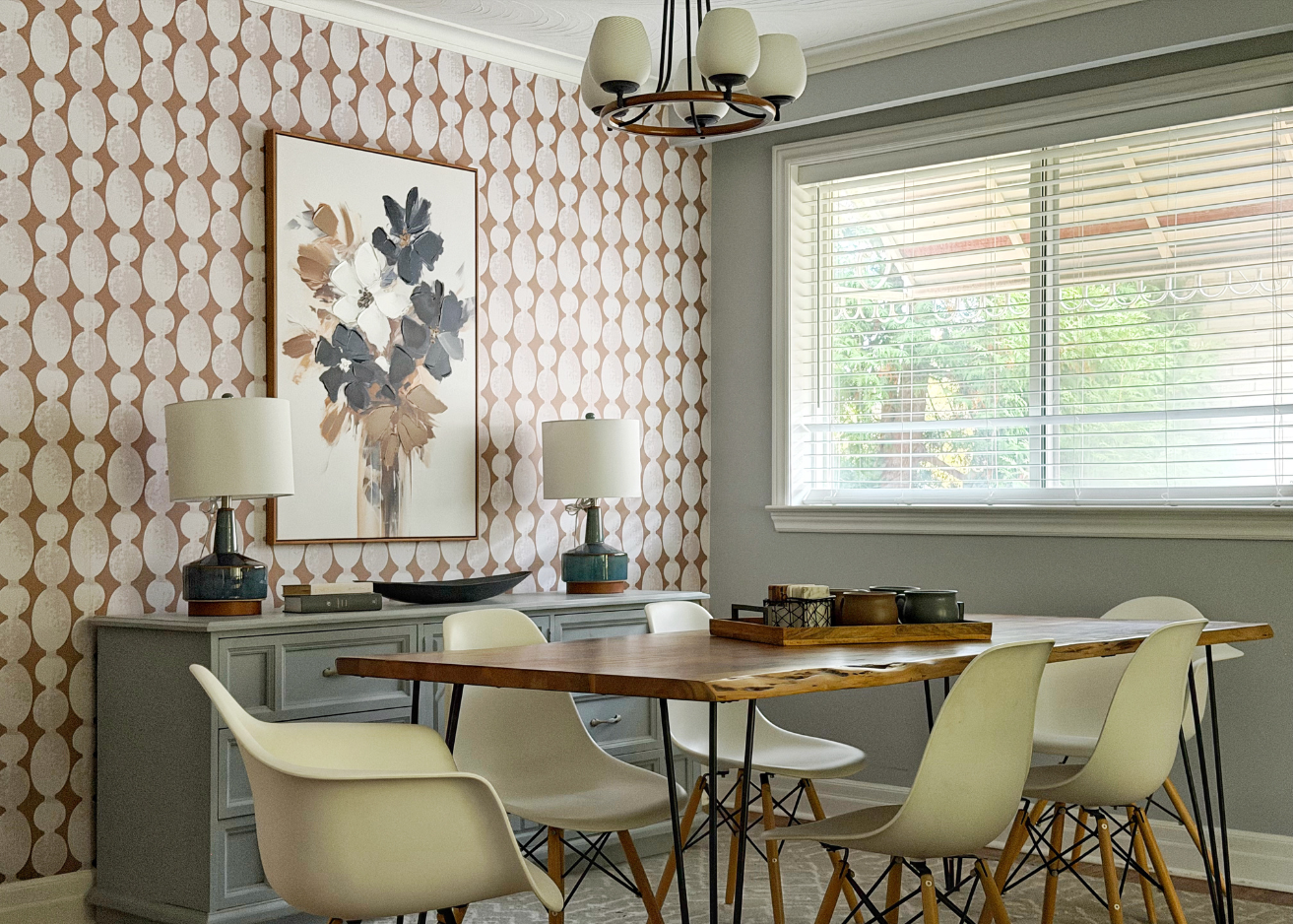 Dining Room Table Styling Wood Tray With Coasters Bold Geometric Peel And Stick Wallpaper Floral Artwork Live Edge Dining Table Otto Studio.jpg