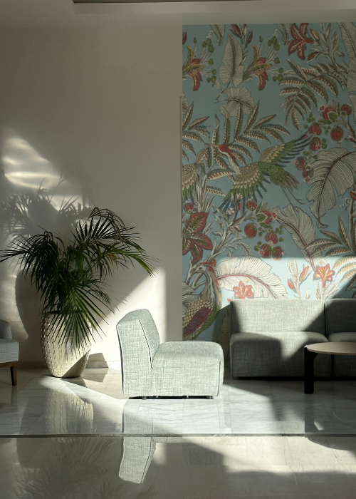 Modern Living Room Botanical Wallpaper Install