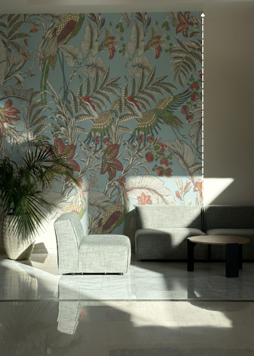 Modern Living Room Large Scale Wallpaper Mint Green Sofa