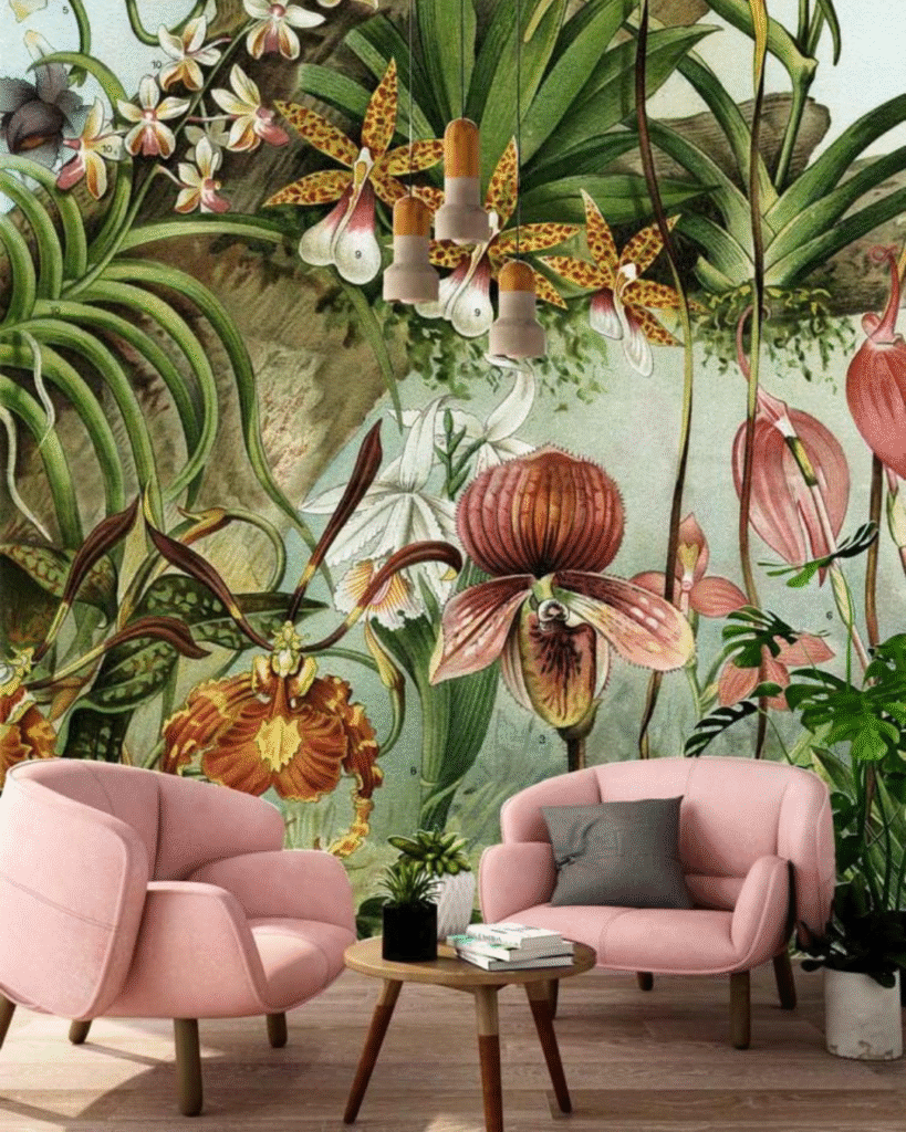 Botanical Wallpaper Mural Bold With Pink Accent Chairs