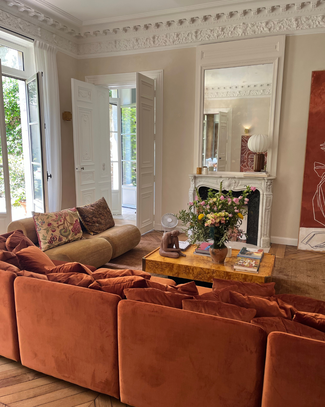 Living Room With Fireplace, Orange Sofa