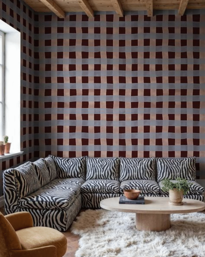 Checkered Stripe Wallpaper Maroon And Blue Living Room Zebra Print Sofa