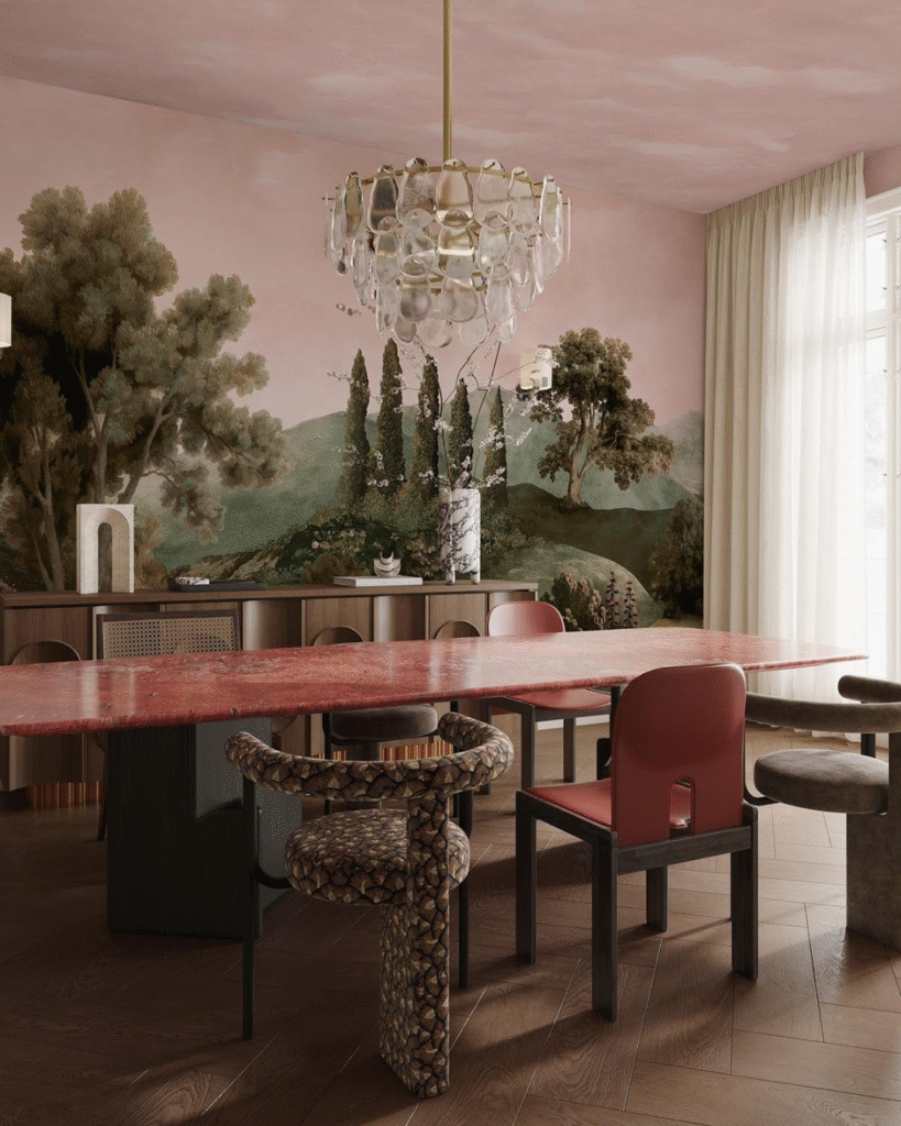 Nature Mural With Watercolour Wallpaper Ceiling Dining Room